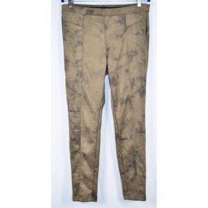 T Tahari Faux Suede Vegan Leather Pull On Ankle Pants Leggings Green/Black Sz L